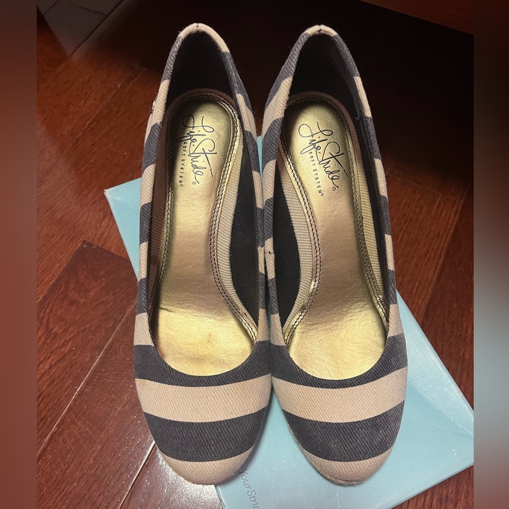 Lifestride Wedge blue/natural stripe size 7.5